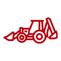 A red tractor is on the ground in front of a green background.